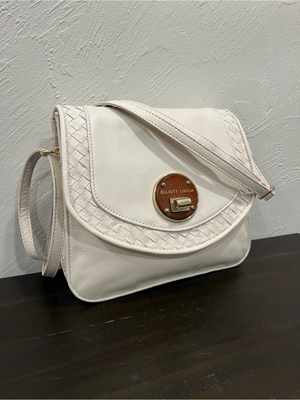 Elliott Lucca white Leather Bag with Woven Trim